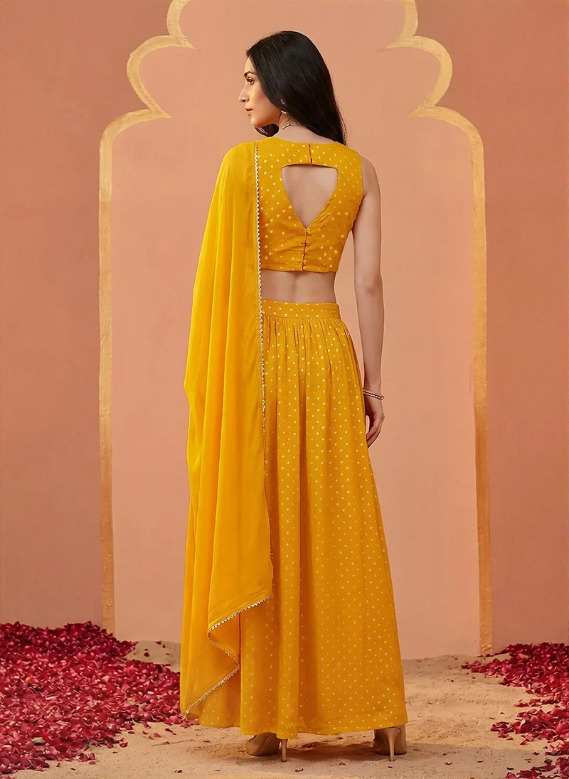 globus Mustard Globus Women Mustard V-Neck Bandhani Print Crop Top with Flared Hem Skirt & Dupatta Festive Co-Ord Set for Women | Best Price UAE